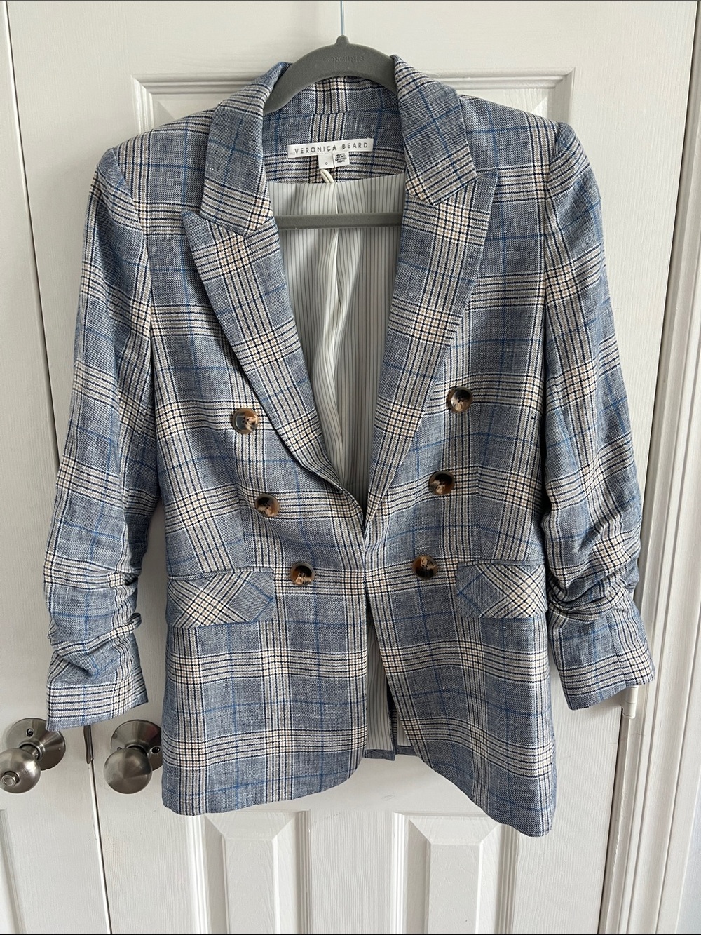 Veronica Beard Light Blue Plaid Double-Breasted Blazer